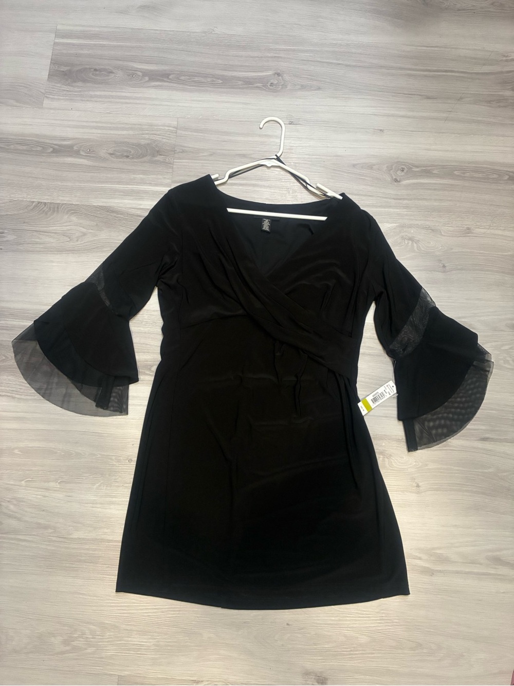 R&M Richards Black Wrap Mini Dress with Sheer Bell Sleeves